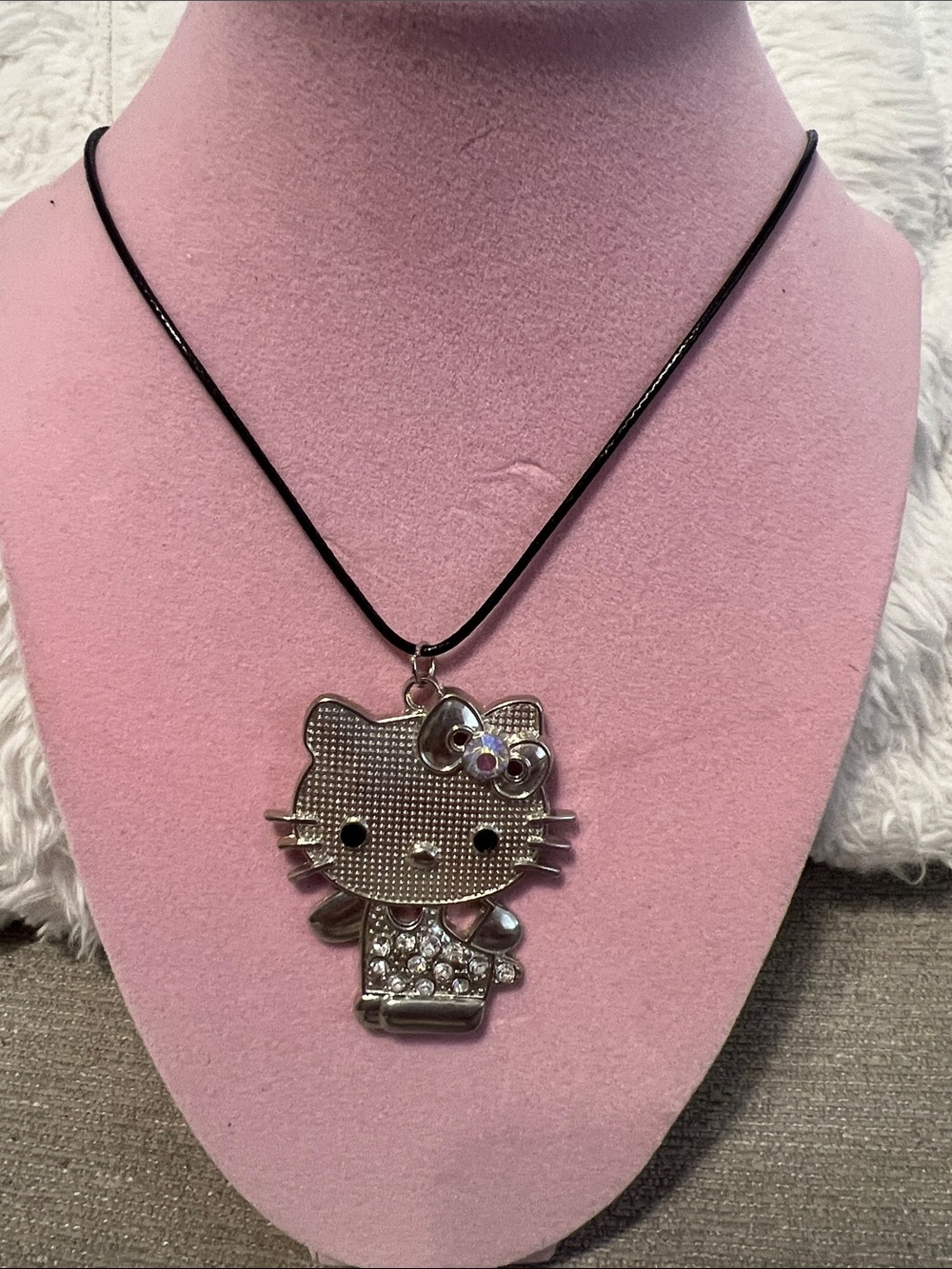 Silver Hello Kitty Style Crystal Pendant Necklace - Black Cord